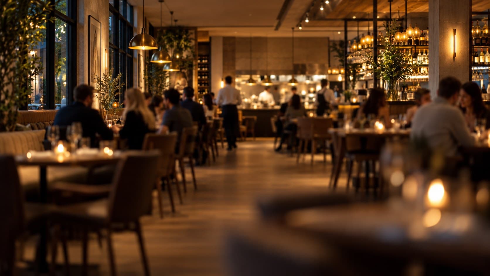 A contemporary restaurant during evening service, softly out of focus behind the SUMS platform