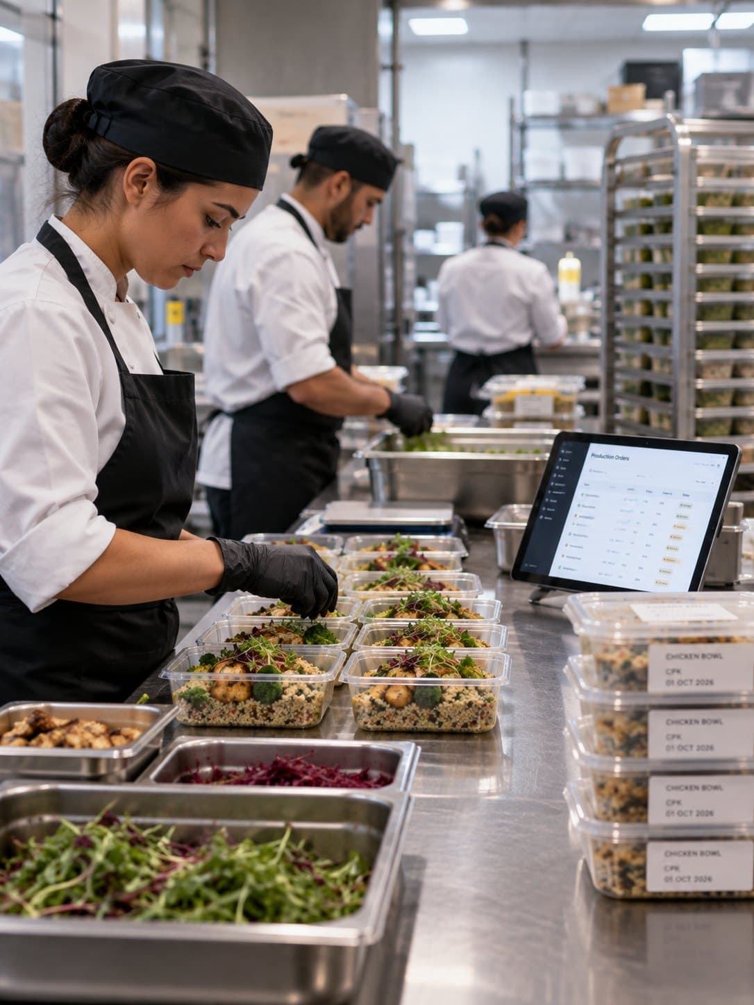 Chefs portioning dishes on a production line in a central kitchen, with production orders on a tablet